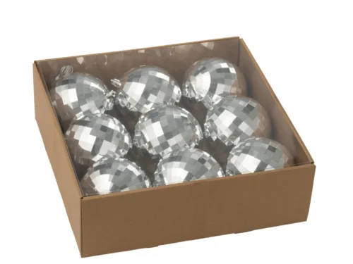 Broltes opbergdoos met 9 zilverkleurige disco-kerstballen in kunststof, compact en beschermd opgeborgen