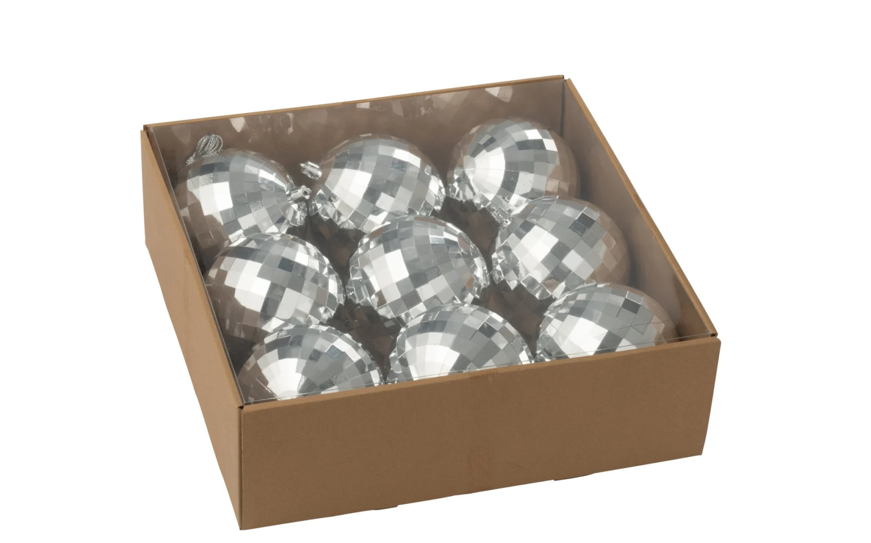 Broltes opbergdoos met 9 zilverkleurige disco-kerstballen in kunststof, compact en beschermd opgeborgen