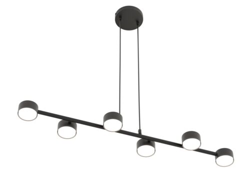 Hanglamp Geirdas Zwart met zes cilindrische fittingen en matzwarte afwerking, modern en minimalistisch ontwerp
