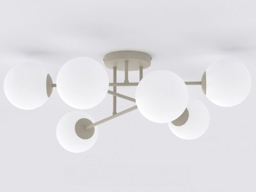 Plafondlamp Calti beige met zes glazen bollen en modern takvormig design, Ø14 cm