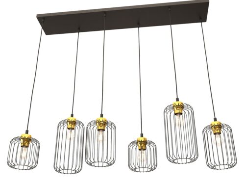 Hanglamp Jieldi zwart Ø16 cm met 6 verstelbare pendels, industriële uitstraling en goudkleurige details