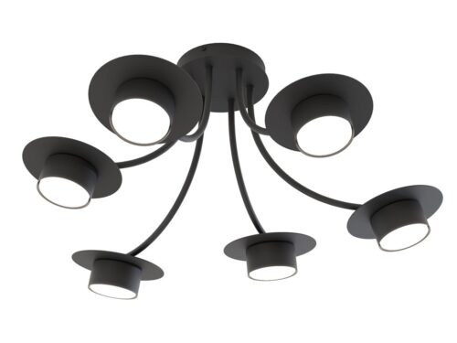 Plafondlamp Brorni Zwart met 6 verstelbare spots en modern gebogen armatuur in mat zwart