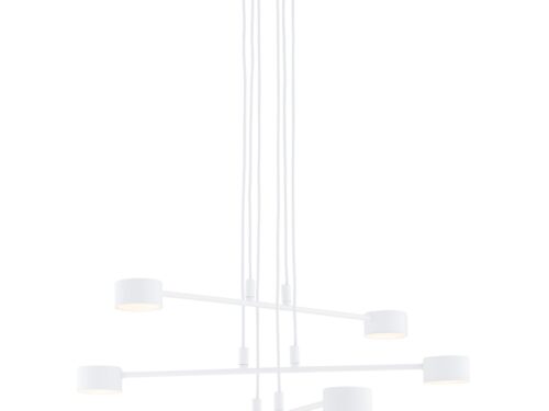 Hanglamp Stades Wit met zes lichtpunten, verstelbare hoogte en strak Scandinavisch design in wit staal