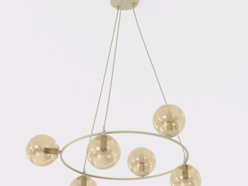 Hanglamp Peissero beige met cirkelvormig ontwerp en zes glazen bollen in beige en ambertint