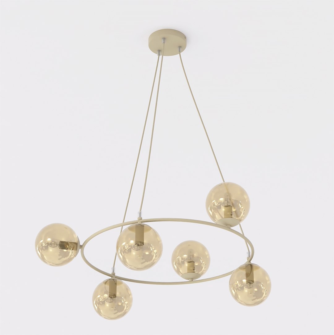 Hanglamp Peissero beige met cirkelvormig ontwerp en zes glazen bollen in beige en ambertint