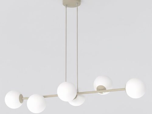 Hanglamp Preirnor beige Ø14 cm met vijf witte glazen bollen en verstelbare hoogte