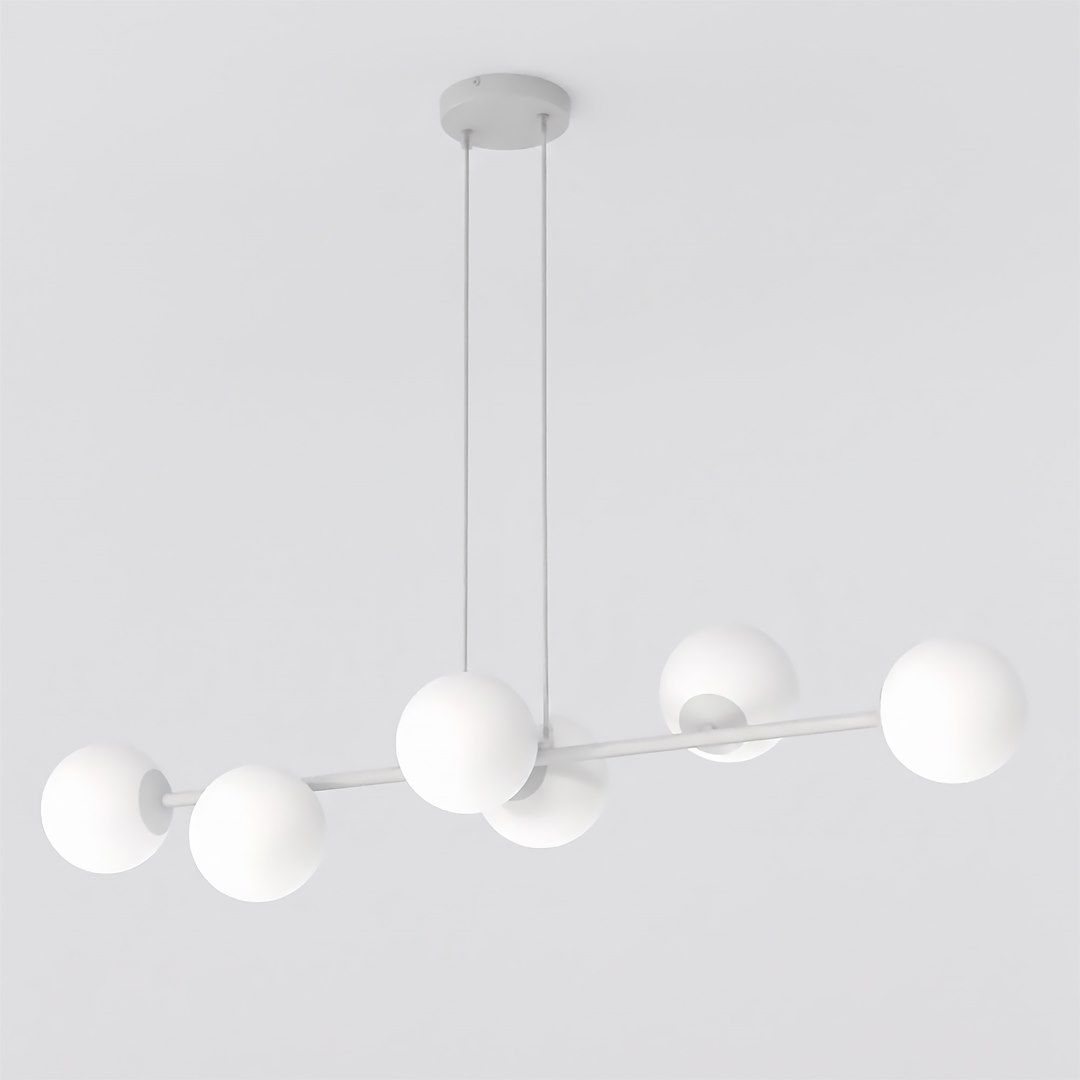Hanglamp Mikesta Grijs Ø14 cm met verstelbare kabel en vijf witte glazen bollen op slanke stang