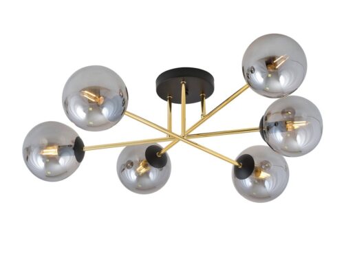 Plafondlamp Tolvella zwart Ø14 cm met goudkleurige armen en zes glazen rookglazen bollen