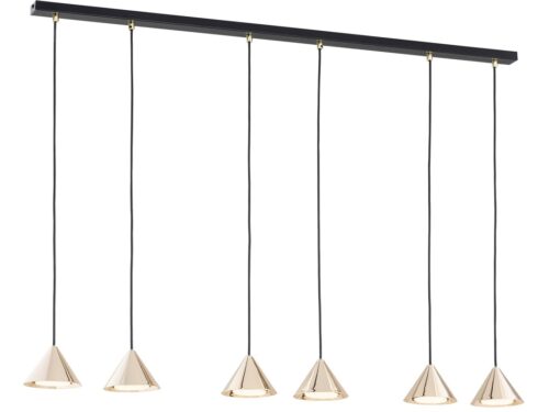 Hanglamp Diva Zwart met zwarte balk en zes goudkleurige pendelkapjes in strak, modern design