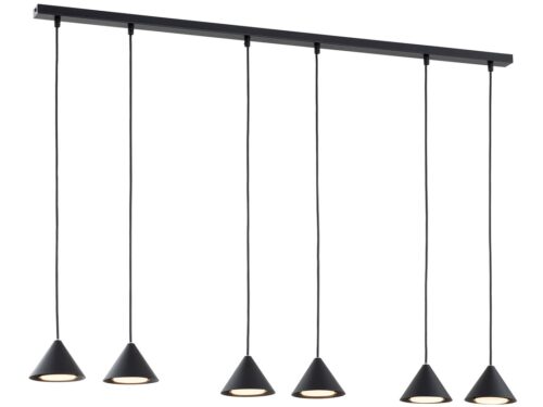 Hanglamp Valvund Zwart, verstelbaar, zwart gepoedercoat staal met 6 conische pendels en goudaccenten