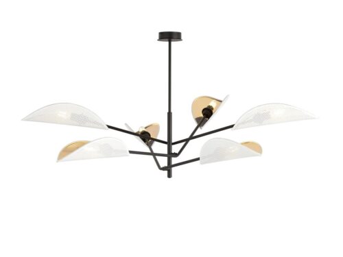 Plafondlamp Fiver zwart Ø12 cm met 6 witte en goudkleurige stoffen kapjes