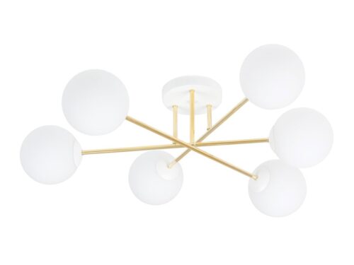 Plafondlamp Teerdal Wit Ø14 cm met wit glas, gouden details en 6 E14-fittingen