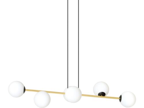 Hanglamp Flamik zwart Ø14 cm met goudaccenten en vijf witte glazen kappen, verstelbare hoogte