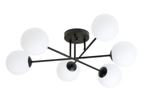 Plafondlamp Diennin Zwart Ø14 cm met 6 witte glazen bollen en moderne zwarte armatuur