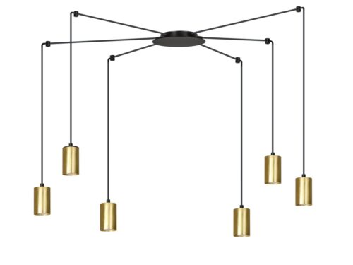 Hanglamp Dubine Zwart met open spider-vorm, 6 goudkleurige spots en verstelbare hoogte