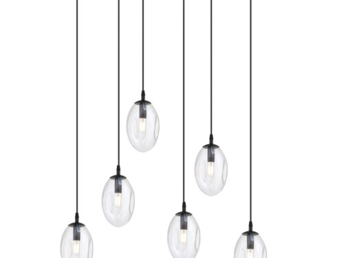 Hanglamp Storund zwart Ø12 cm met zes transparante glazen pendels en strak gepoedercoat stalen plafondplateau