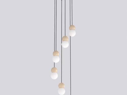 Hanglamp Pribello Zwart Ø10 cm met verstelbare snoeren, houten details en witte bolvormige kappen