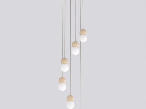 Hanglamp Salisbury Beige Ø10 cm met vijf verstelbare bollen in houtlook en wit glas, Scandinavisch design
