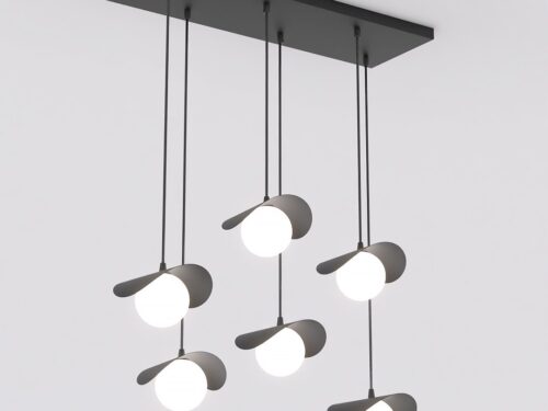Hanglamp Genty Zwart Ø10 cm met zes verstelbare pendels en witte kappen, modern design in zwart staal