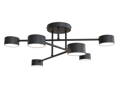 Plafondlamp Fleintand Zwart met zes cilindervormige spots in zwart gepoedercoat staal
