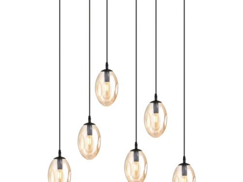 Hanglamp Bauskan zwart met 6 amberkleurige glazen kappen en verstelbare snoeren, Ø12 cm