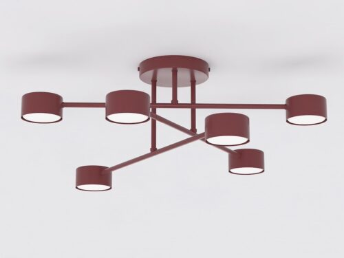 Plafondlamp Causon Bordeaux met zes lichtpunten, modern design en bordeaux poedercoat staal