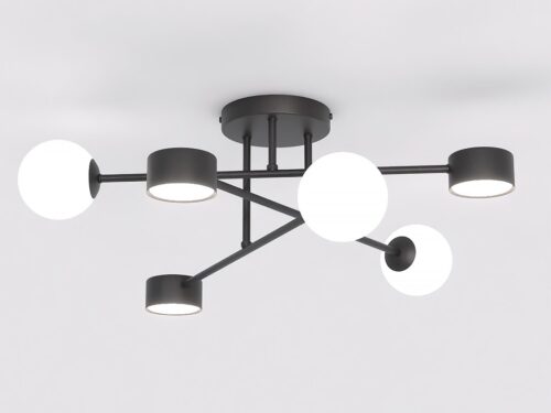 Plafondlamp Fludora Zwart Ø10 cm met 6 lichtpunten, zwart staal en witte lampenkappen