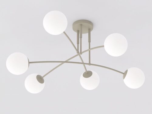 Plafondlamp Puntar beige Ø14 cm met 6 witte glazen kappen en boogconstructie