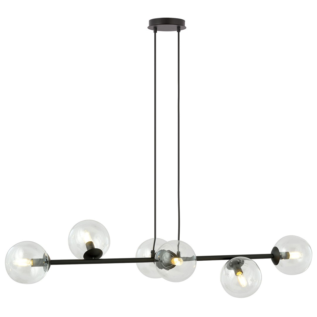 ROSSI Hanglamp Treiltand zwart Ø14 cm met 6 transparante glazen bollen en verstelbare hoogte