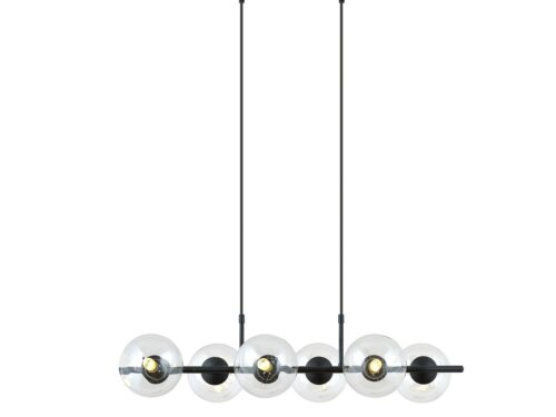 Hanglamp Lomi Zwart Ø14 cm met 6 transparante glazen kappen en strak zwart ontwerp