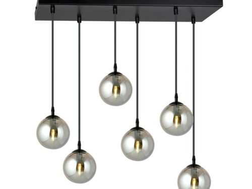 Hanglamp Hestun Zwart met 6 grafiet glazen bollen, verstelbare ophanging en strakke zwarte plafondplaat