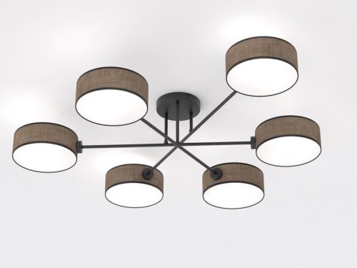 Plafondlamp Finel bruin Ø20 cm met zes lichtpunten, zwarte accenten en Japandi-stijl