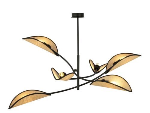 Plafondlamp Geirnano zwart Ø12 cm, boho rotan kappen en zes E14-fittingen voor warme sfeerverlichting