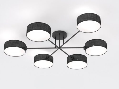 Plafondlamp Jaipur Zwart Ø20 cm met zes armen en geweven cilindrische kappen, Japandi-stijl