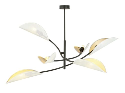 Plafondlamp Tussea zwart Ø12 cm met 6 witte en gouden stoffen kappen, modern design met meerdere lichtpunten