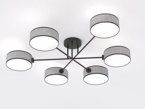 Plafondlamp Sima grijs Ø20 cm met zes armen en cilindrische kappen in Japandi stijl