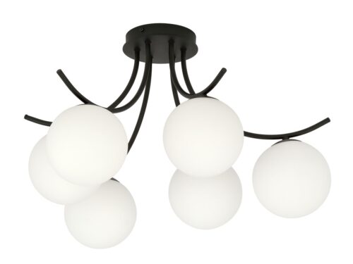BOSTON plafondlamp zwart Ø15 cm met zes witte glazen kappen en moderne, speelse vormgeving