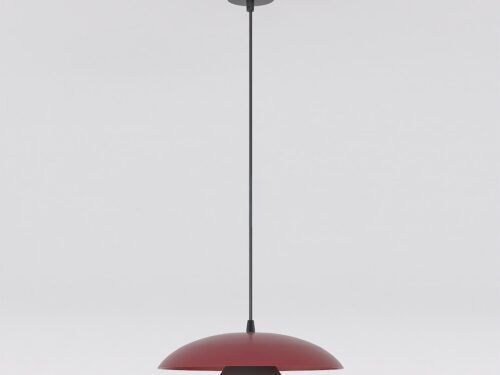 Hanglamp Heby Bordeaux met bordeaux stalen kap, zwarte details en brede koepel voor gericht downlight￼
