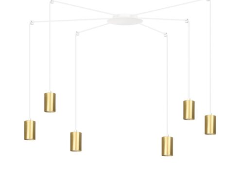 Hanglamp Daumin Wit met minimalistisch wit frame en zes goudkleurige cilinderlampen