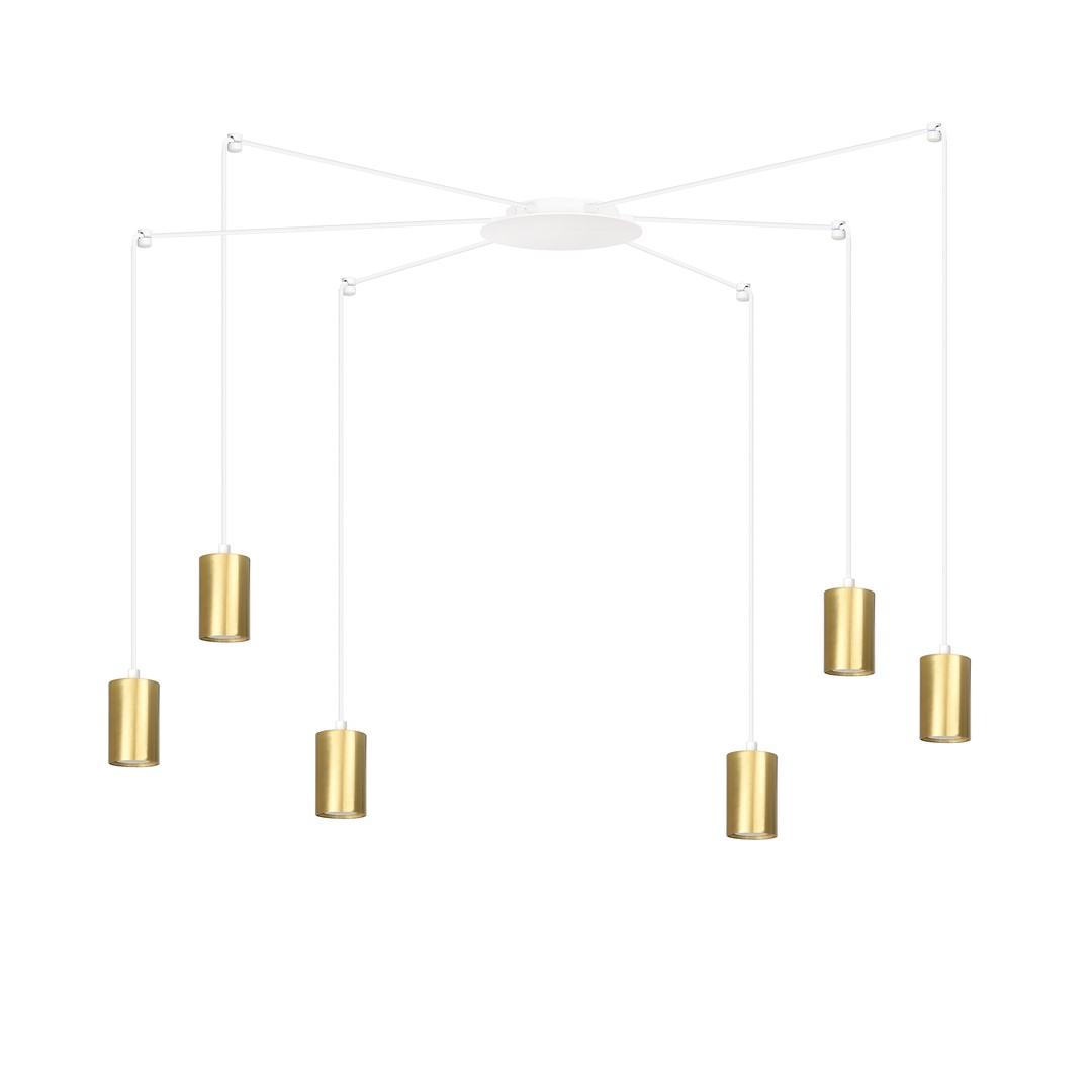 Hanglamp Daumin Wit met minimalistisch wit frame en zes goudkleurige cilinderlampen