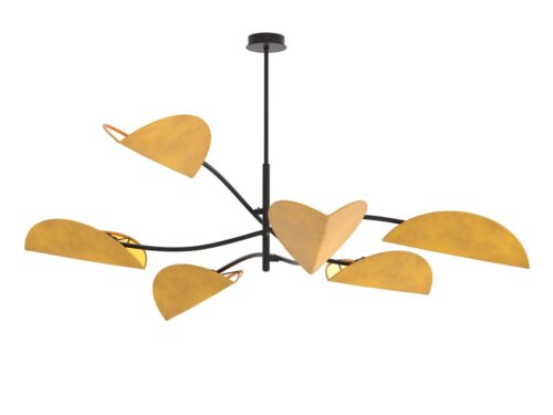 Plafondlamp Slaundan zwart met zes oranje kappen en open design voor sfeervol, warm licht