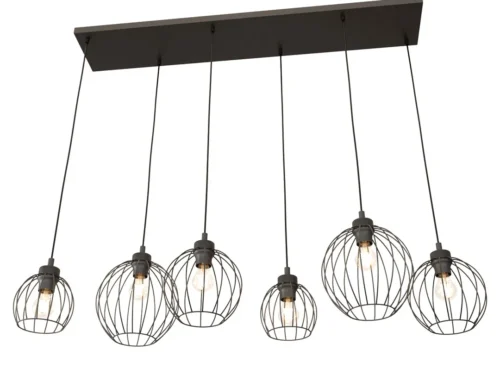 Hanglamp Faakio zwart Ø24 cm met zes open kappen en verstelbare snoeren, industriële look
