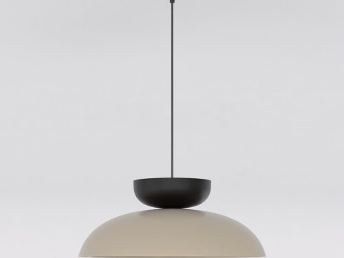 Hanglamp Lebora Beige met brede sculpturale kap en verstelbare hoogte in rustige Scandinavische stijl