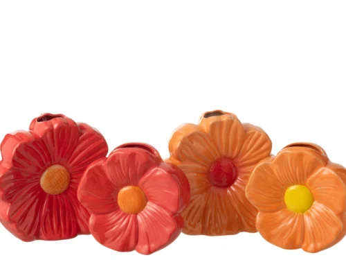 Set van 2 Miessora porseleinen bloemenvaasjes in rood en oranje, bloemvormig en 22 cm hoog
