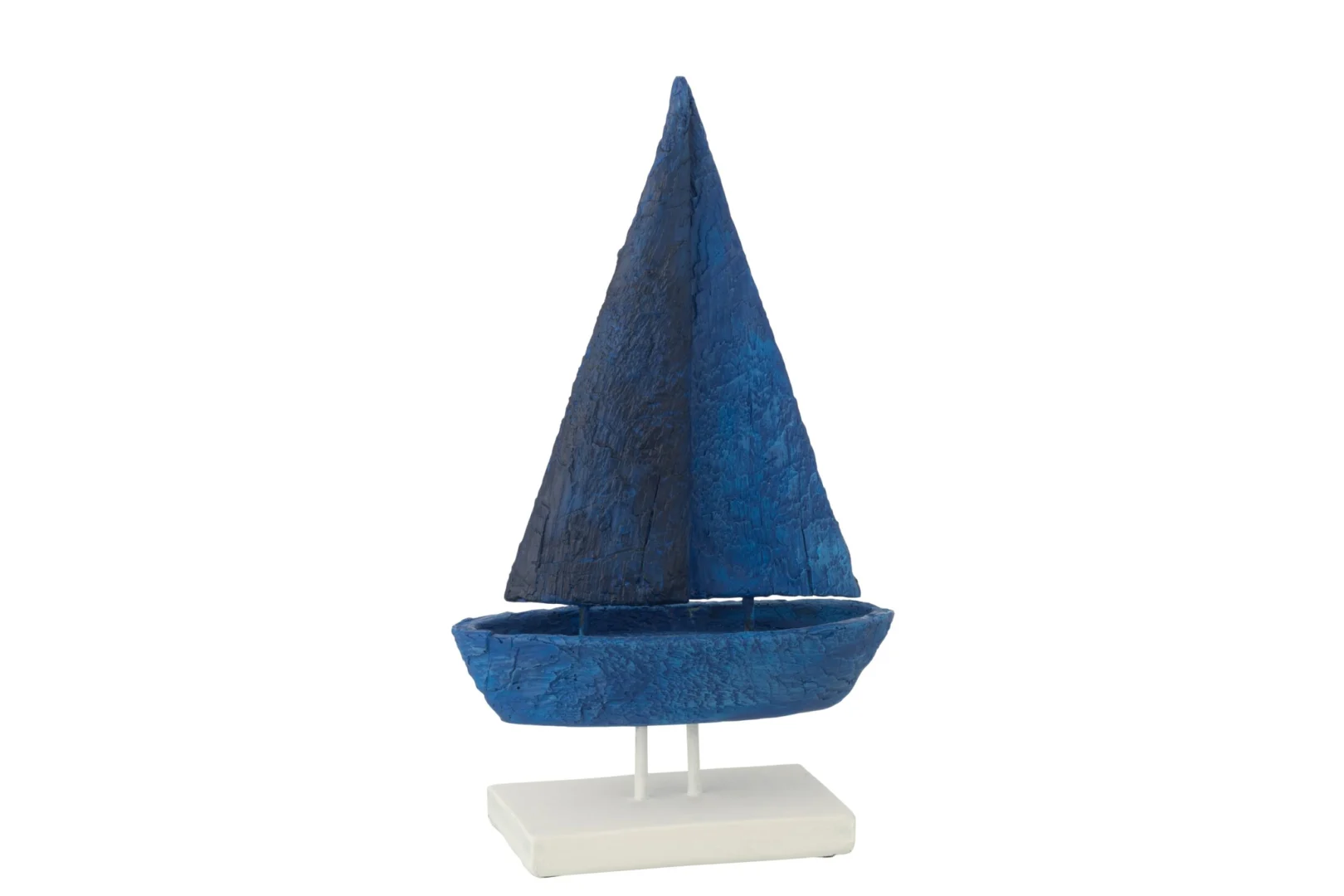 Decoratie Sleissen polyresin boot blauw-wit met slanke zeilvorm op witte voet