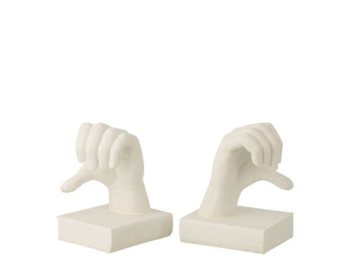 Cavona witte polyresin boeksteunen, set van 2, met handvorm en stevige vierkante basis