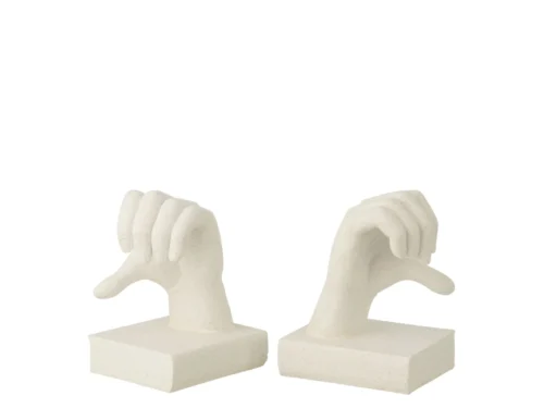 Cavona witte polyresin boeksteunen, set van 2, met handvorm en stevige vierkante basis