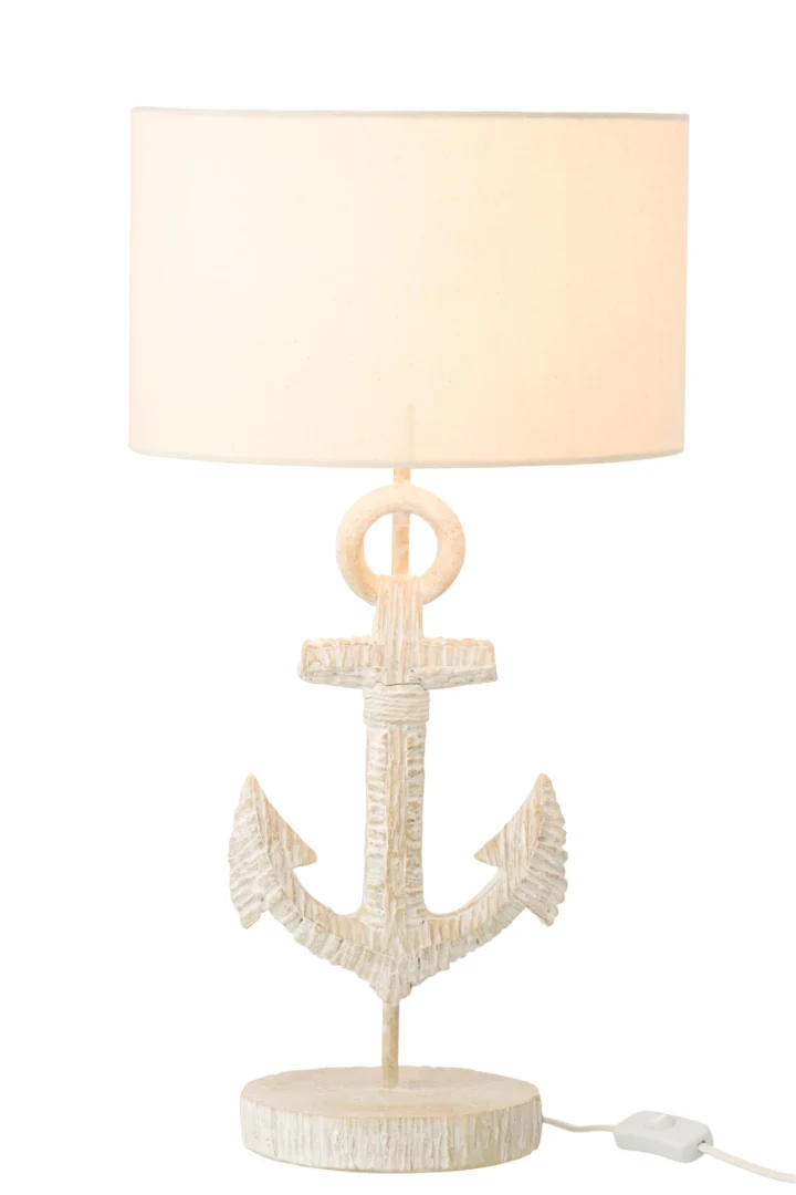 Tafellamp Vemma met wit kapje, ankerbasis van polyresin en 58 cm hoge sfeervolle uitstraling