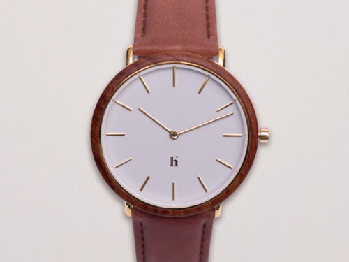 Horloge Galin Warm Grijs met walnoothouten lunet, witte wijzerplaat en bruine leren band