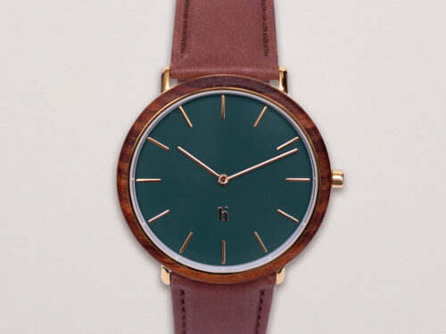 Horloge Karmine Walnoot Cognac met donkergroene wijzerplaat en bruine leren band